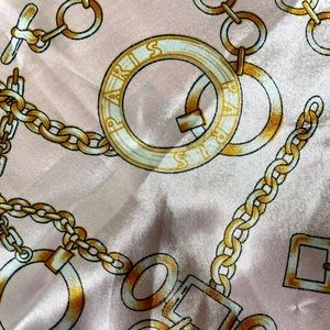 Super shiny light pink Paris France neck scarf gold chain embellishment pictured